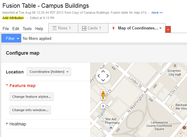 Configure the fusion table map by choosing the Location column and setting styles and info window customizations